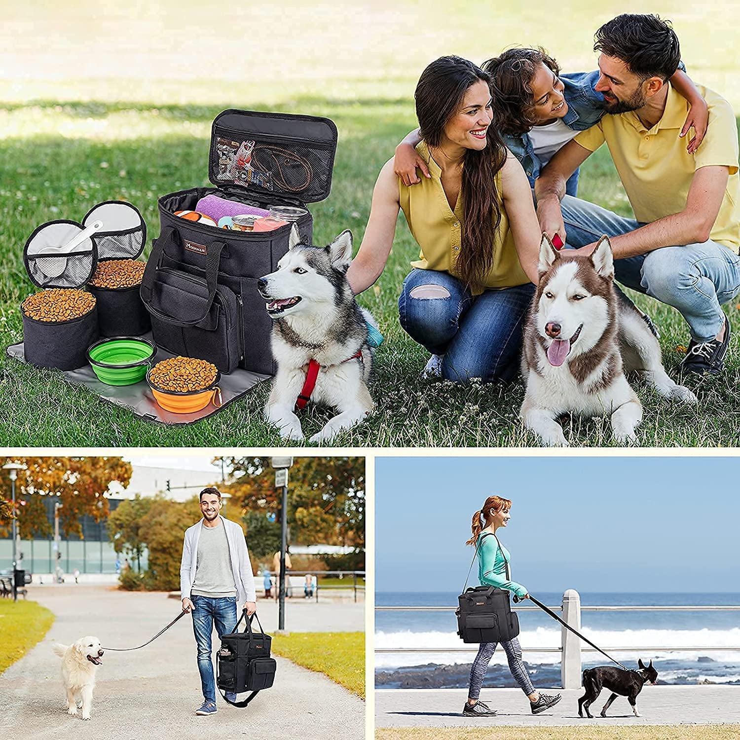Dog Travel Bag with 2 Collapsible Dog Bowls, 