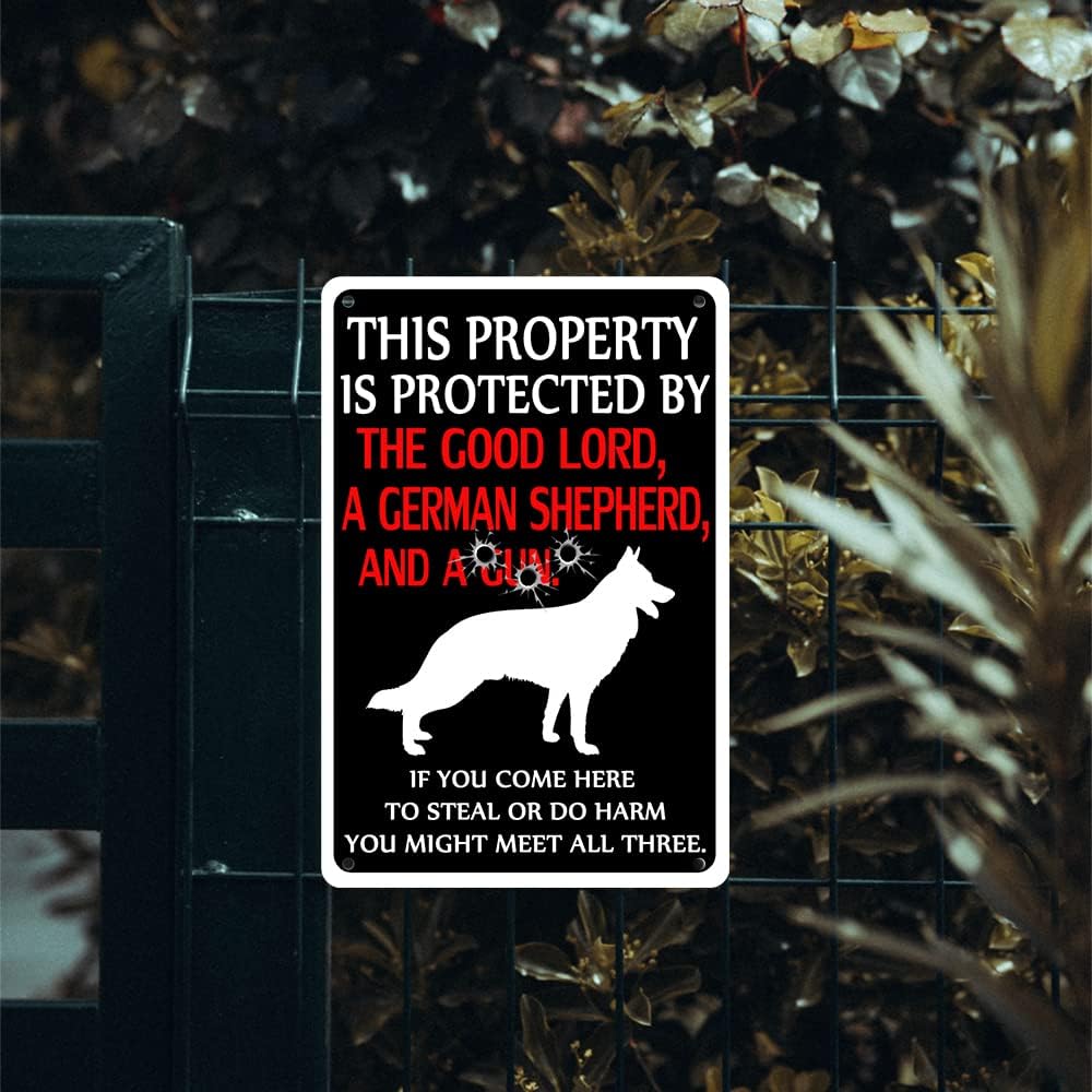 Beware of Dog Metal Sign Funny Warning Signs for Property Is Protected by German Shepherds Tin Sign Beware of Dogs Signs for Fence Decorations Outdoor German Shepherd Owner Gifts 8X12 Inches