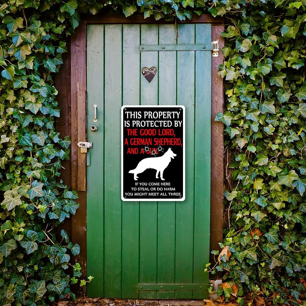 Beware of Dog Metal Sign Funny Warning Signs for Property Is Protected by German Shepherds Tin Sign Beware of Dogs Signs for Fence Decorations Outdoor German Shepherd Owner Gifts 8X12 Inches