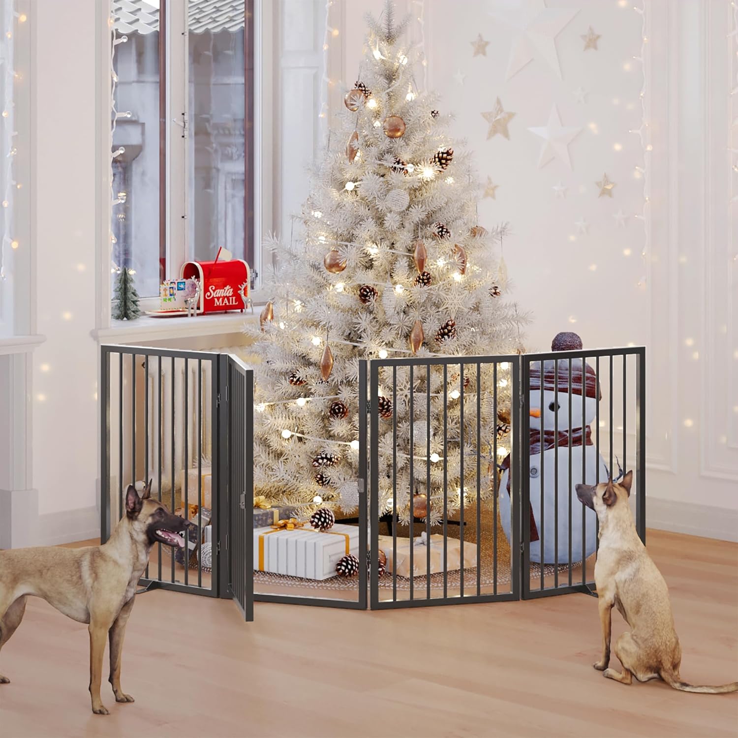 Folding No-Assembly Metal Pet Gate 80" Wide, 32" Extra Tall Dog gate with walkthru
