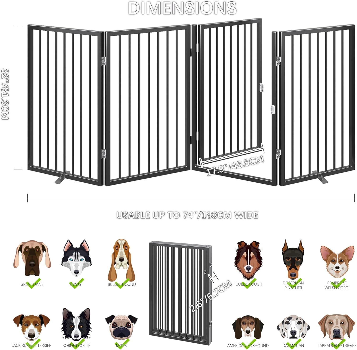 Folding No-Assembly Metal Pet Gate 80" Wide, 32" Extra Tall Dog gate with walkthru