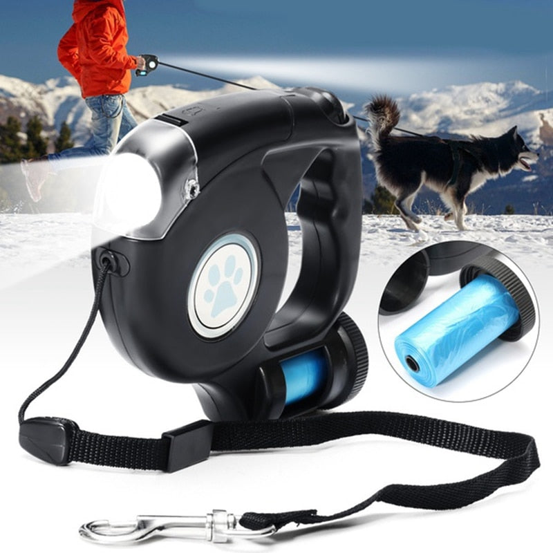 Combo flashlight retractable leash with bag holder