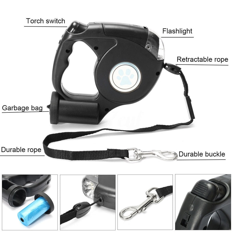 Combo flashlight retractable leash with bag holder