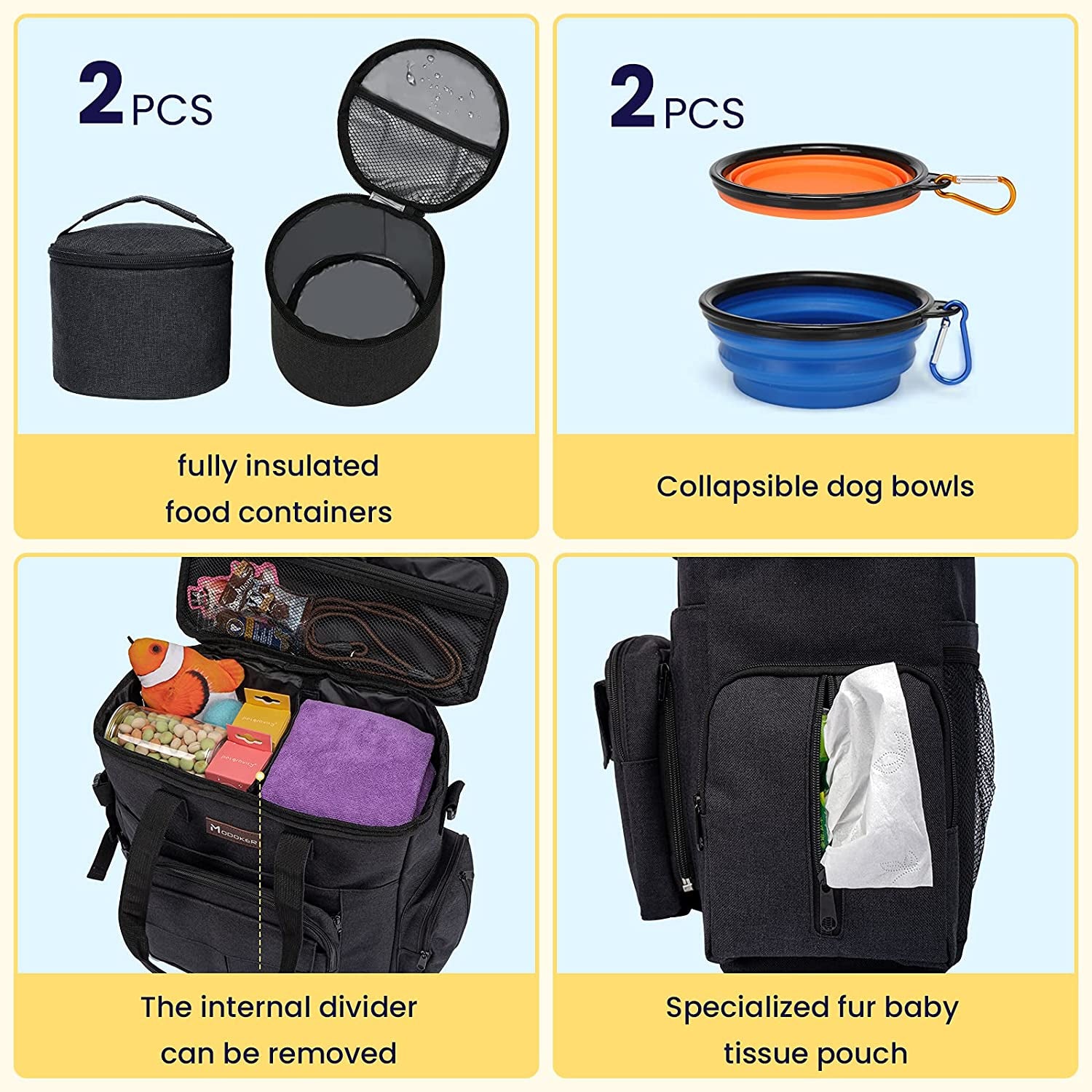 Dog Travel Bag with 2 Collapsible Dog Bowls, 