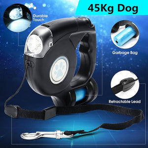 Combo flashlight retractable leash with bag holder