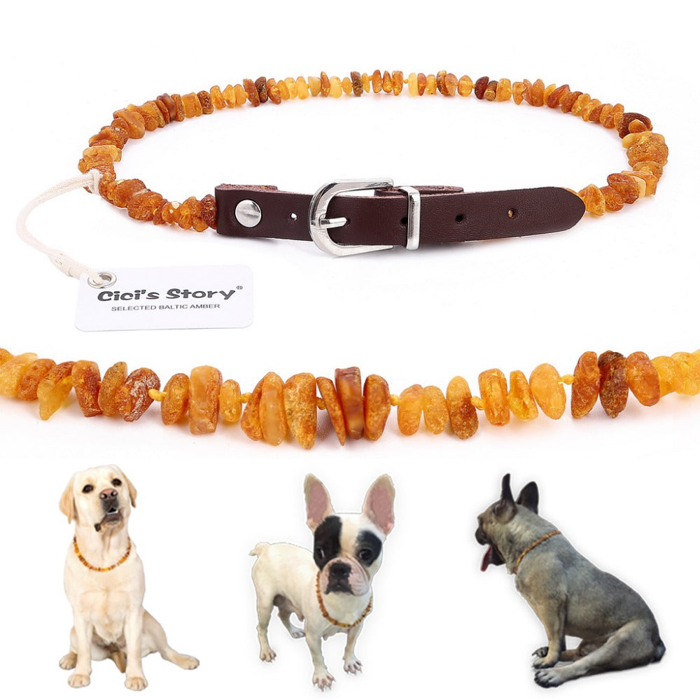 Baltic Amber Flea and Tick Collar with Adjustable Leather Strap for Dogs and Cats - Lab Tested